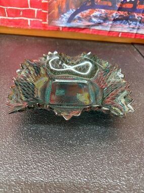 Vintage Decorative Indiana Iridescent Green Glass Trinket Dish